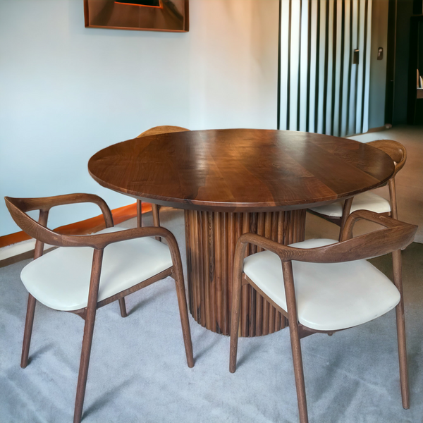 Japandi Round Walnut Nook Table with Fluted Cylinder Legs