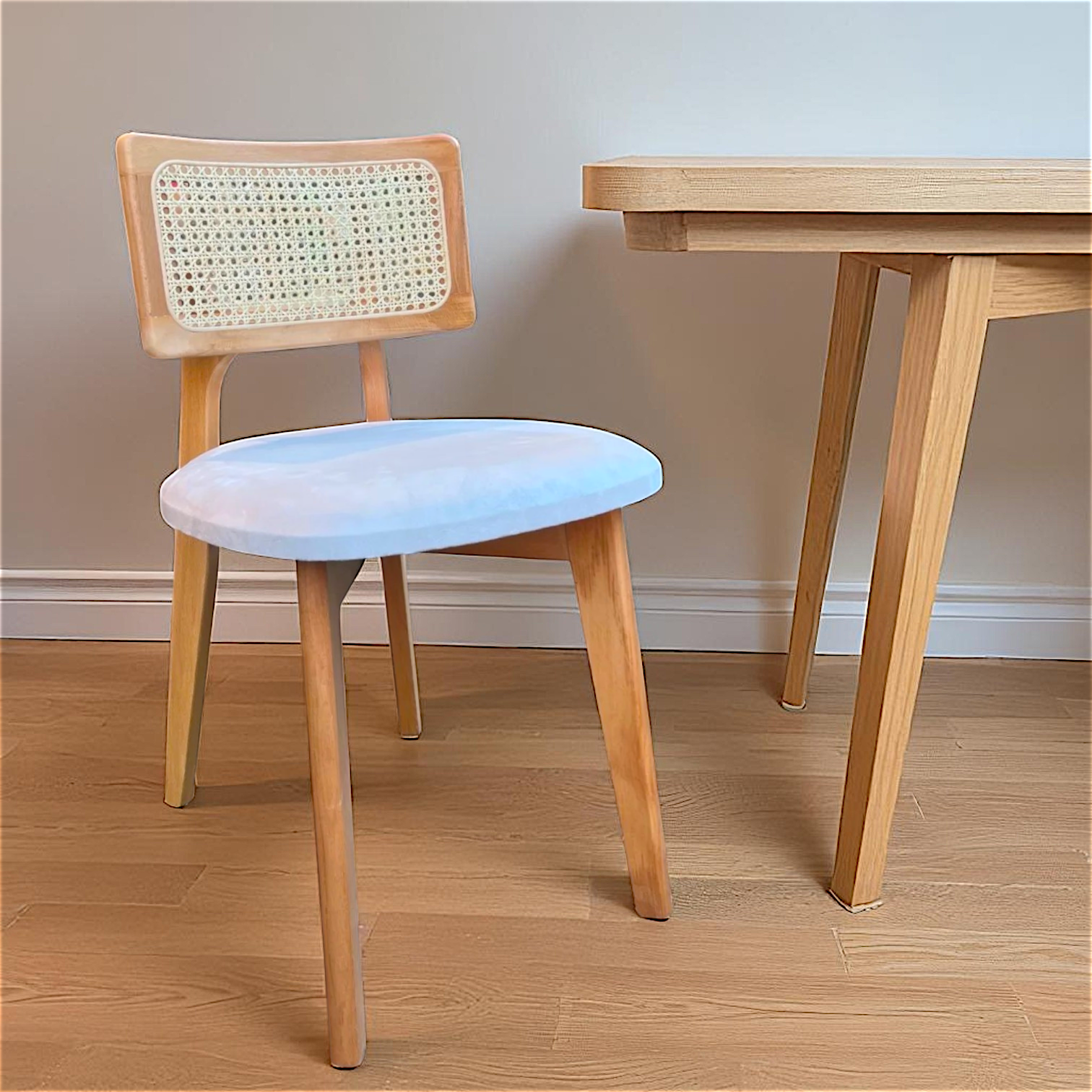 Set of 6 Wood Rattan Dining Chairs, Natural