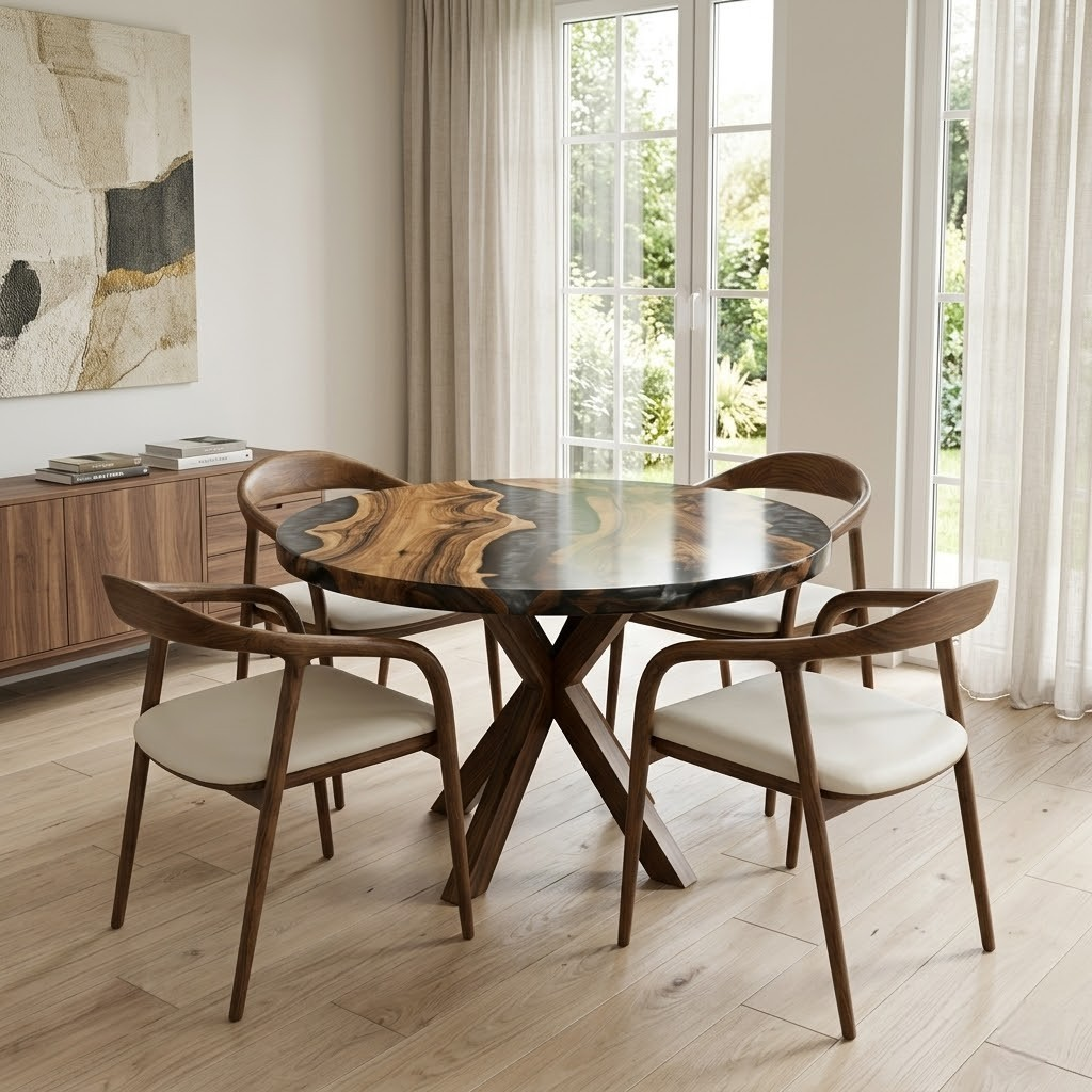 Round Walnut Grey Epoxy Resin River Table with Wood Starburst Leg