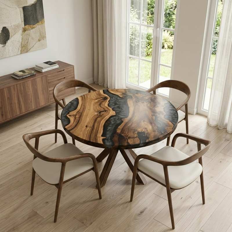 Round Walnut Grey Epoxy Resin River Table with Wood Starburst Leg