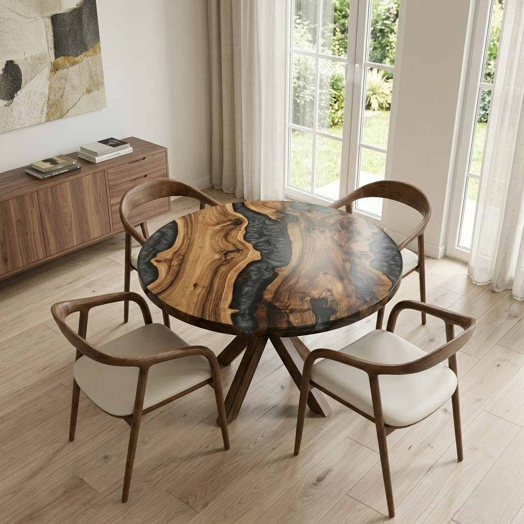 Round Walnut Grey Epoxy Resin River Table with Wood Starburst Leg