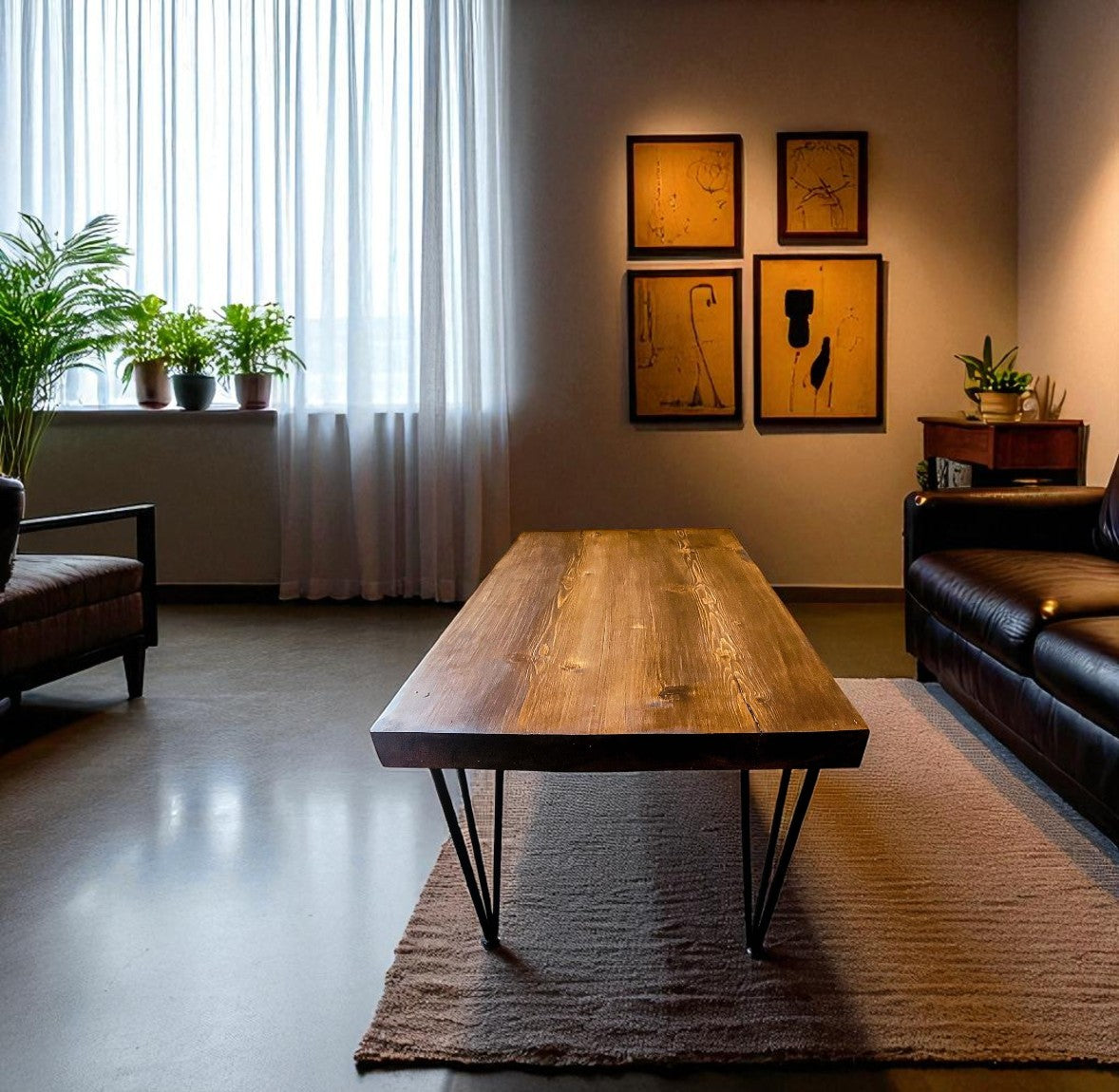 Solid Wood Coffee Table with Hairpin Legs | 100*56, 120*67 Size | Industrial Coffee Table | Rustic, Recycled, Reclaimed, Walnut Coloured