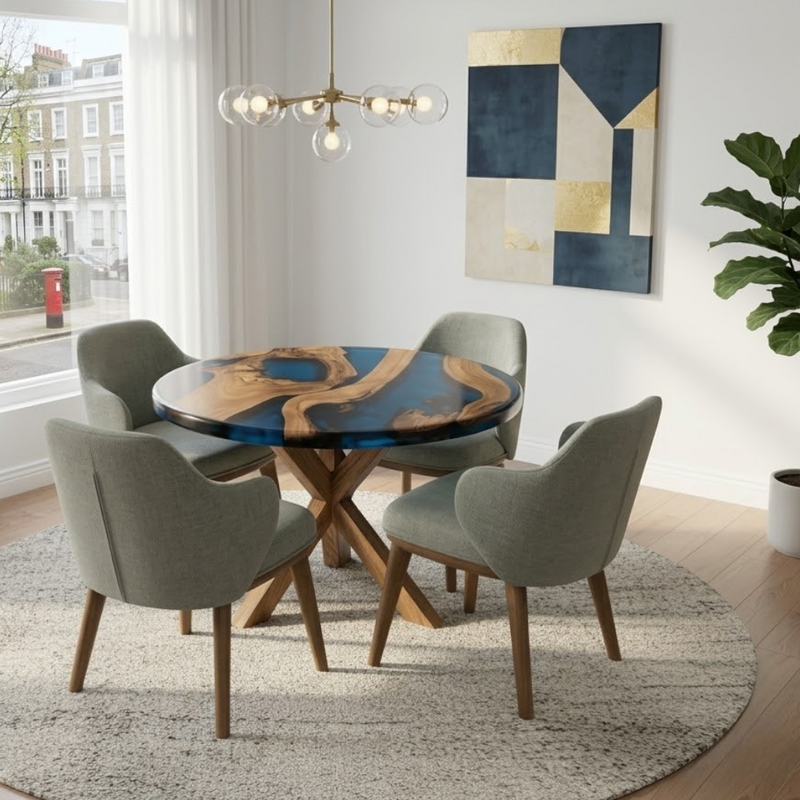 Round Walnut Blue Epoxy Resin River Table