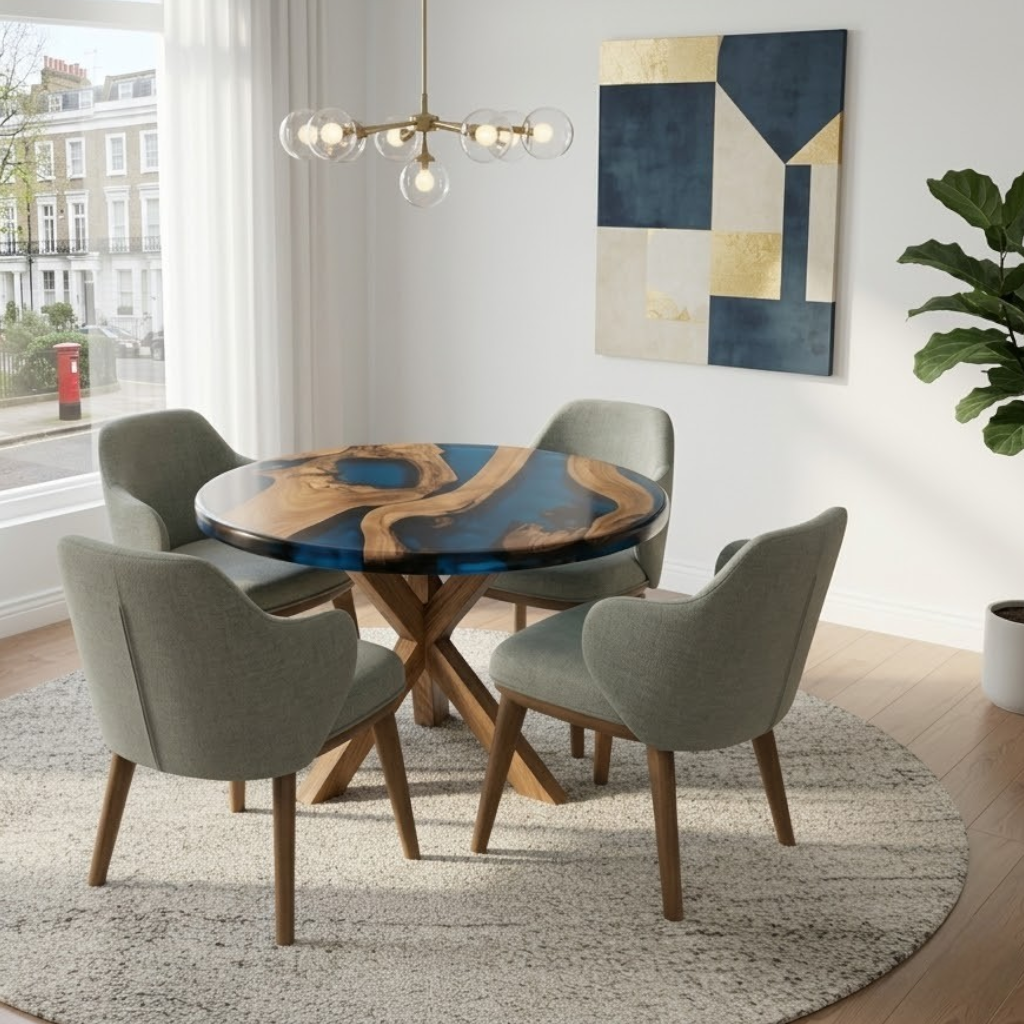 Round Walnut Blue Epoxy Resin River Table