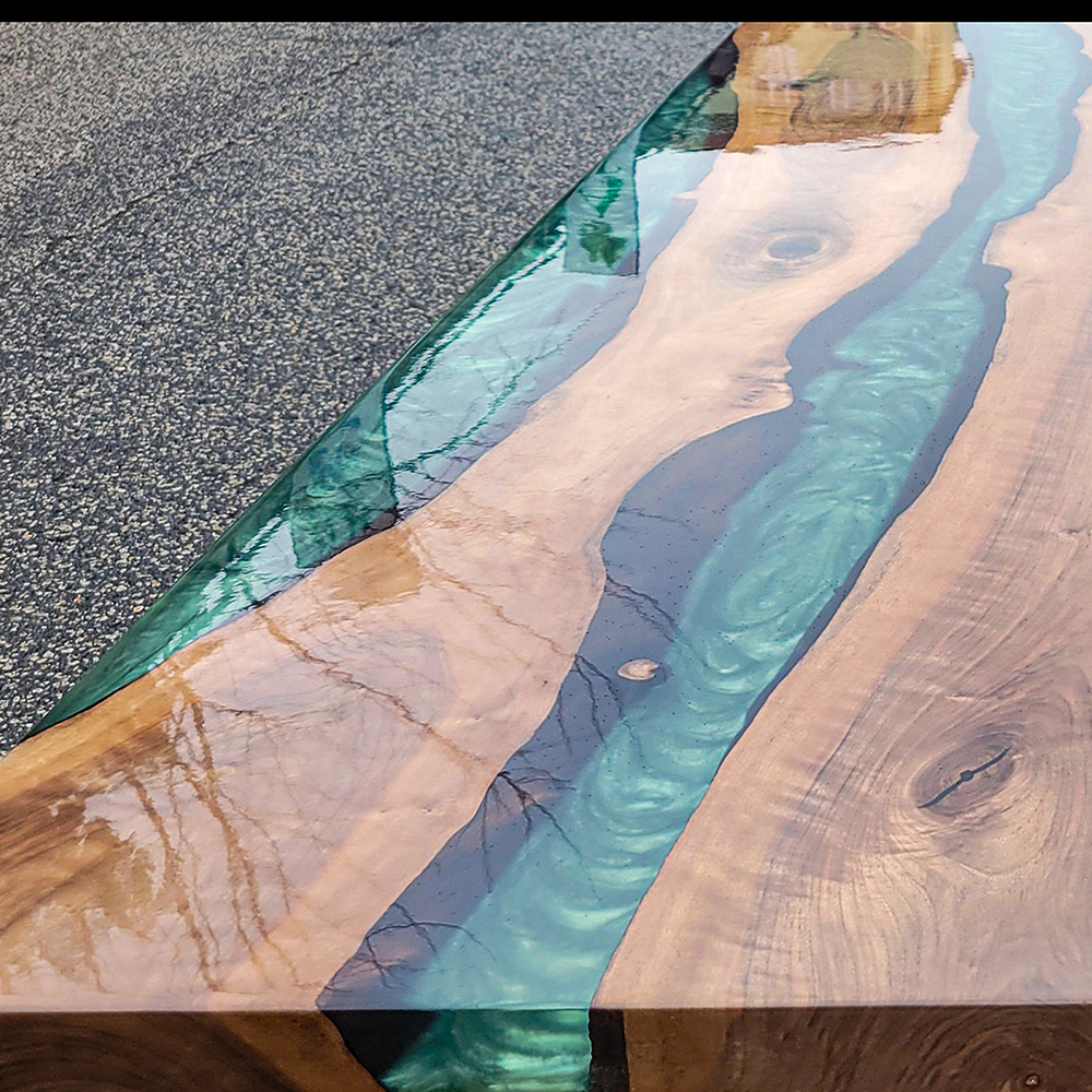 Resin River Pearl Green Epoxy Walnut Live Edge Table - The Industrial Furniture