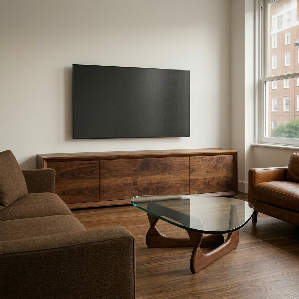 Handcrafted Solid Walnut TV Stand – One-Piece Design with 4 Seamless Drawers