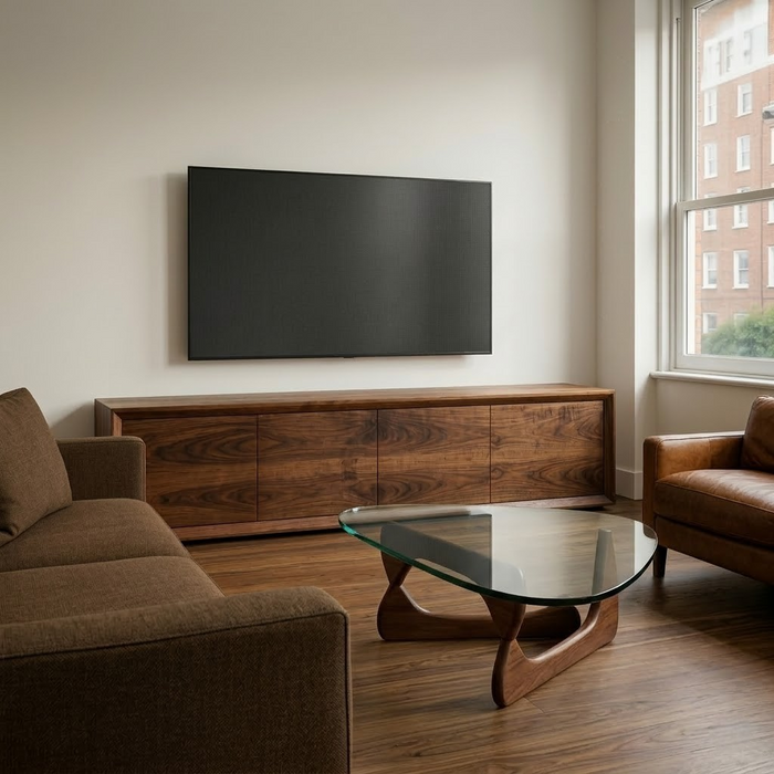 Handcrafted Solid Walnut TV Stand – One-Piece Design with 4 Seamless Drawers
