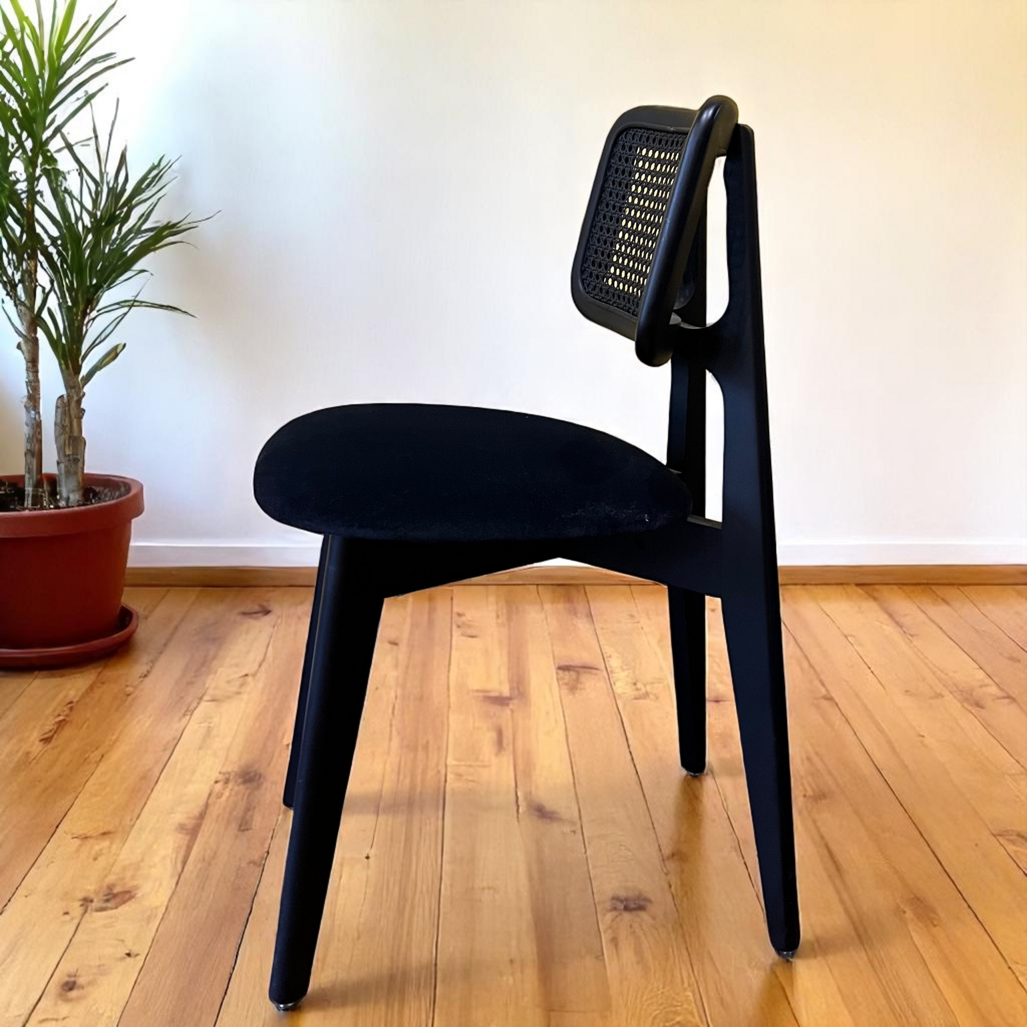 Black Wood Rattan Dining Chair with Upholstered Seat