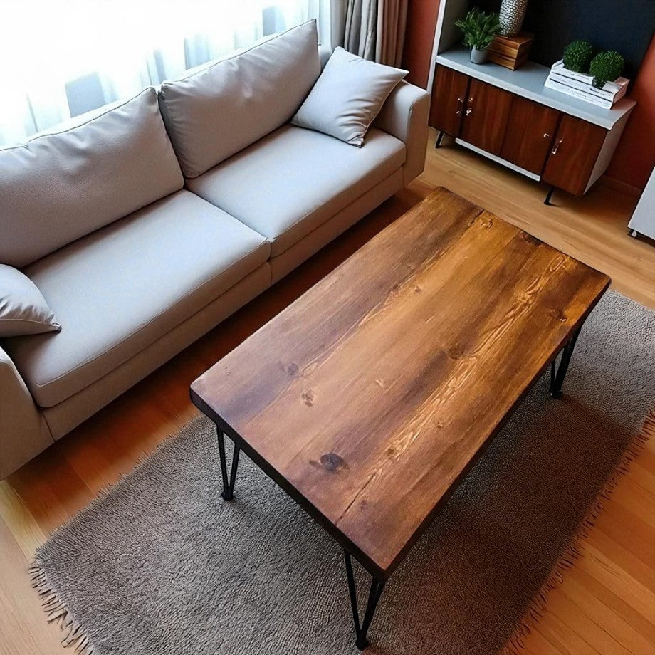 Solid Wood Coffee Table with Hairpin Legs | 100*56, 120*67 Size | Industrial Coffee Table | Rustic, Recycled, Reclaimed, Walnut Coloured