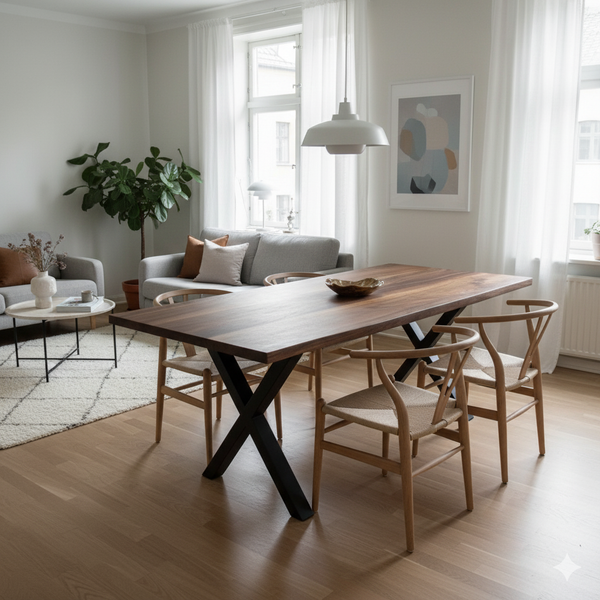Straight Edge Walnut Dining Table & Conference Room Table with Metal Legs |  Industrial Design Walnut Table