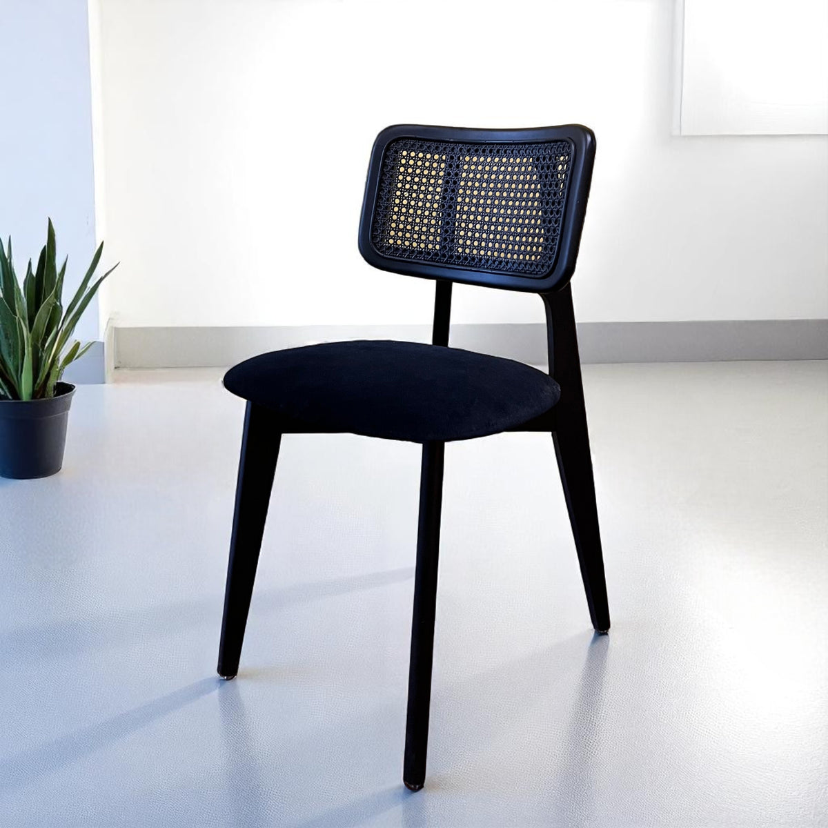 Black Wood Rattan Dining Chair with Upholstered Seat