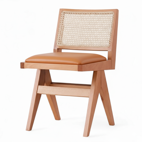 Pierre Wooden Rattan Light Oak Dining Chair with Tan Leather Seat