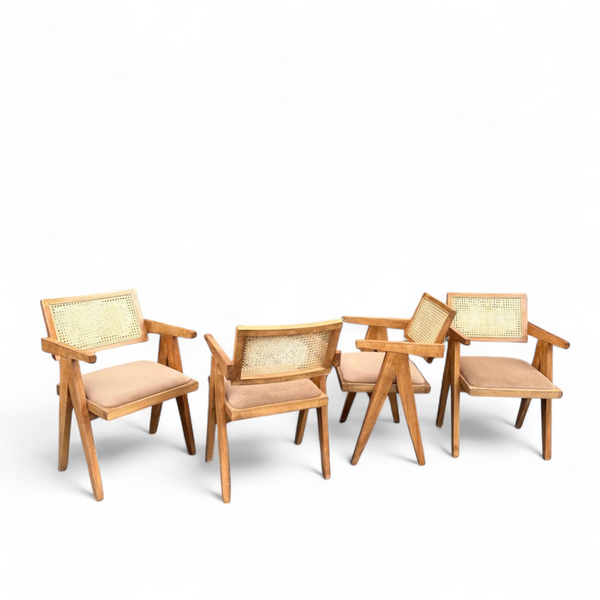 Set of 4 Pierre Rattan Dining Chair with Upholstered Seat and Armrest (Dark Oak Frame)