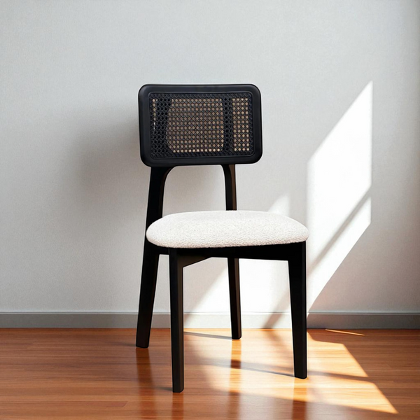 Black Wood Rattan Dining Chair with White Boucle Fabric