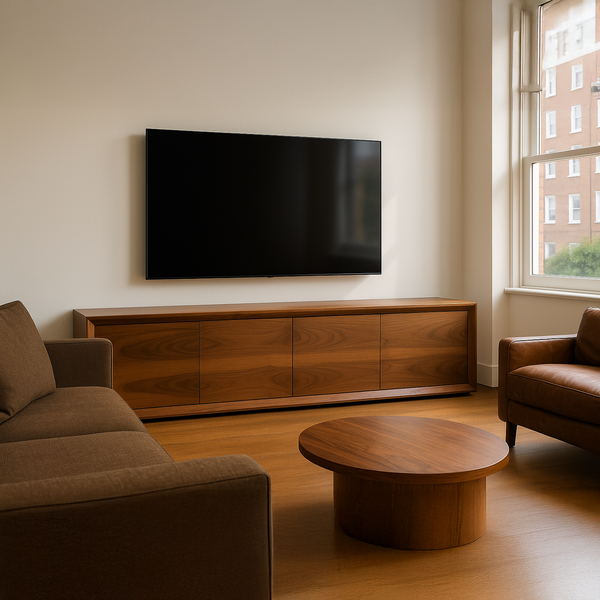 Handcrafted Solid Walnut TV Stand – One-Piece Design with 4 Seamless Drawers