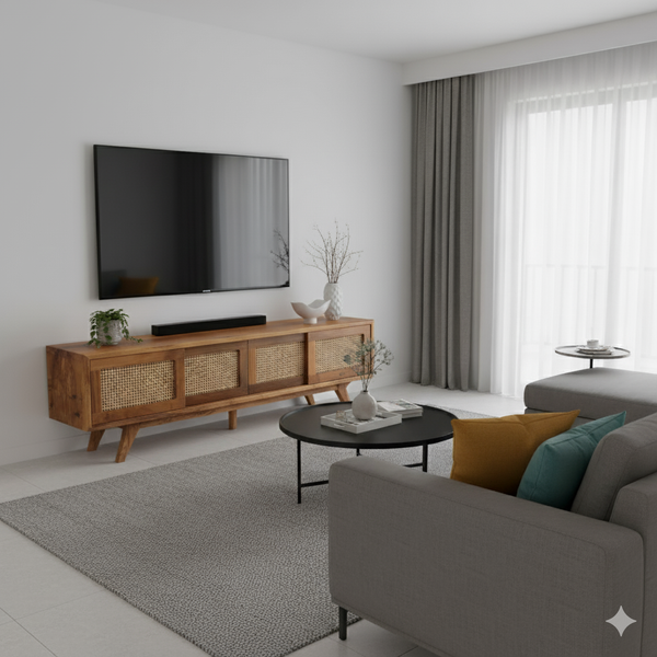 Wicker Walnut Wood TV Unit | Natural Wooden and Media Console | Industrial Style TV Stand | Loft Style TV Mass