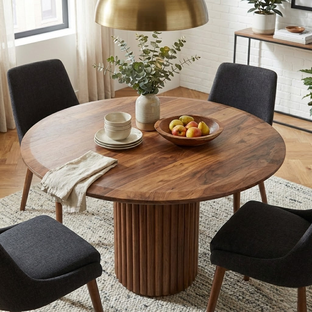 Geometric Round Walnut Dining Table /  6 - 8 Seater Dining Table