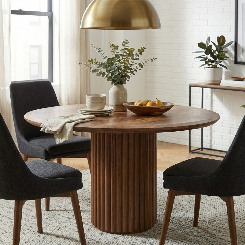 Geometric Round Walnut Dining Table /  6 - 8 Seater Dining Table
