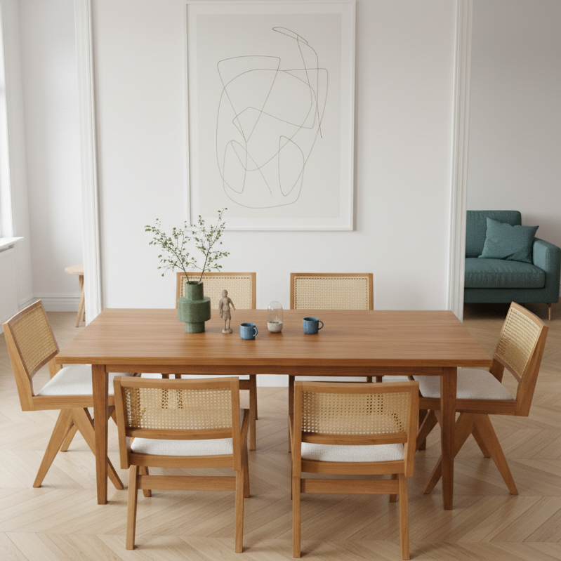 Pierre Wooden Rattan Dining Chair with Upholstered Seat without Armrest
