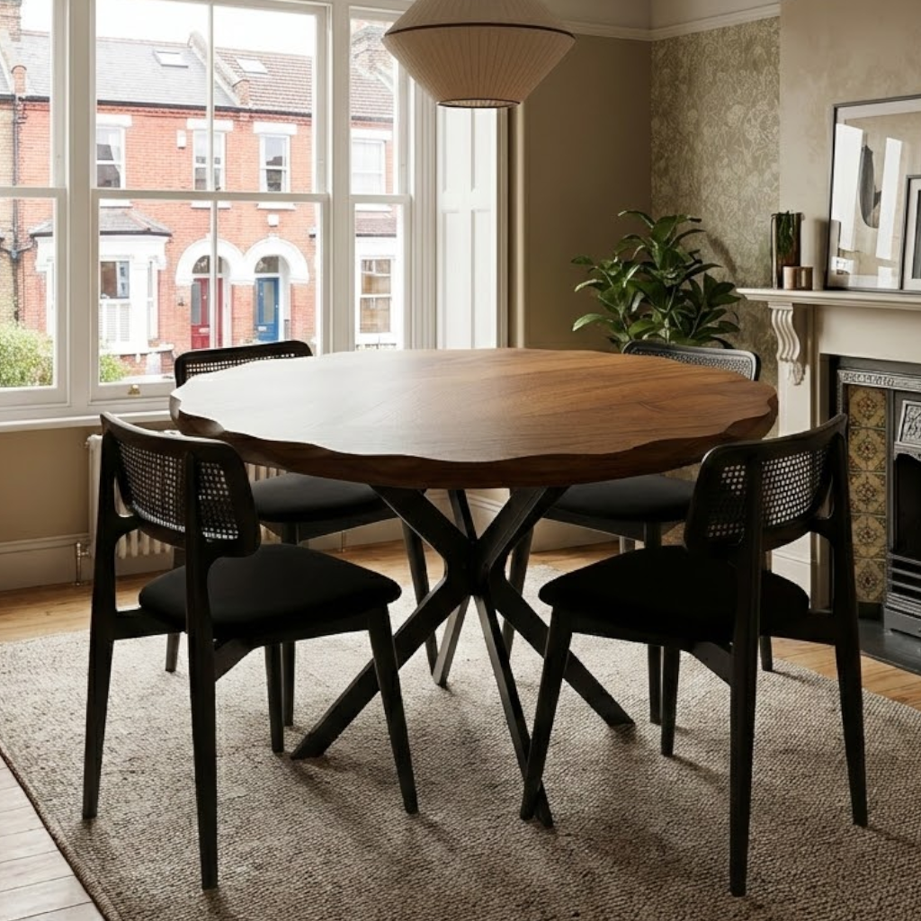 Set of 4 Black Wood Rattan Dining Chair with Upholstered Seat