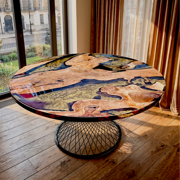 Round Gold Epoxy Resin River Table with Metal Leg