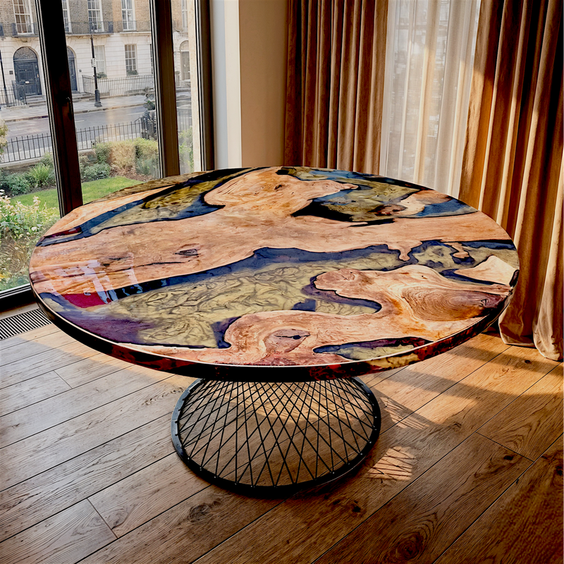 Round Gold Epoxy Resin River Table with Metal Leg