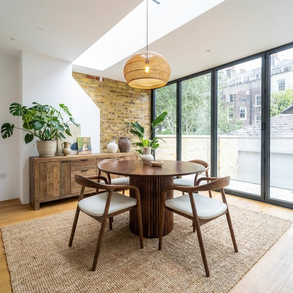 Japandi Round Walnut Nook Table with Fluted Cylinder Legs