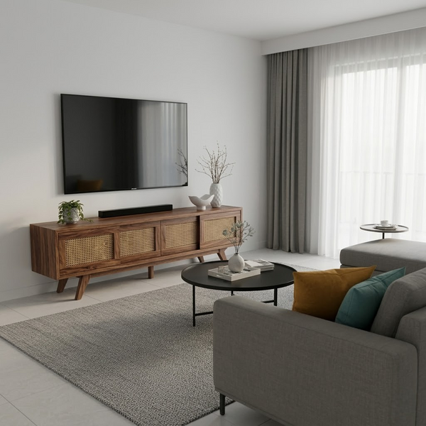 Wicker Walnut Wood TV Unit | Natural Wooden and Media Console | Industrial Style TV Stand | Loft Style TV Mass