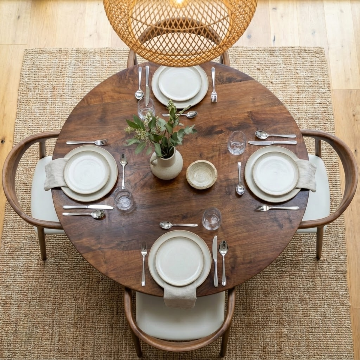 Japandi Round Walnut Nook Table with Fluted Cylinder Legs