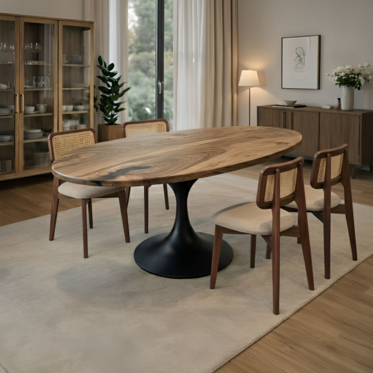 Orion Oval Walnut Dining Table with Tulip Base