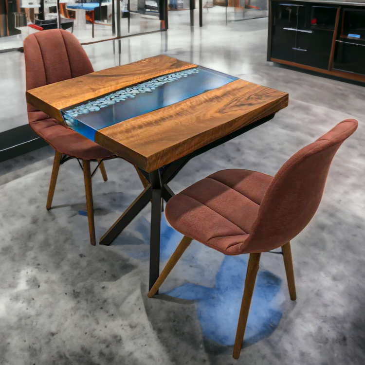 Custom Epoxy Table Blue Resin River Table with white stones Resin River Live Edge Wooden Walnut Table