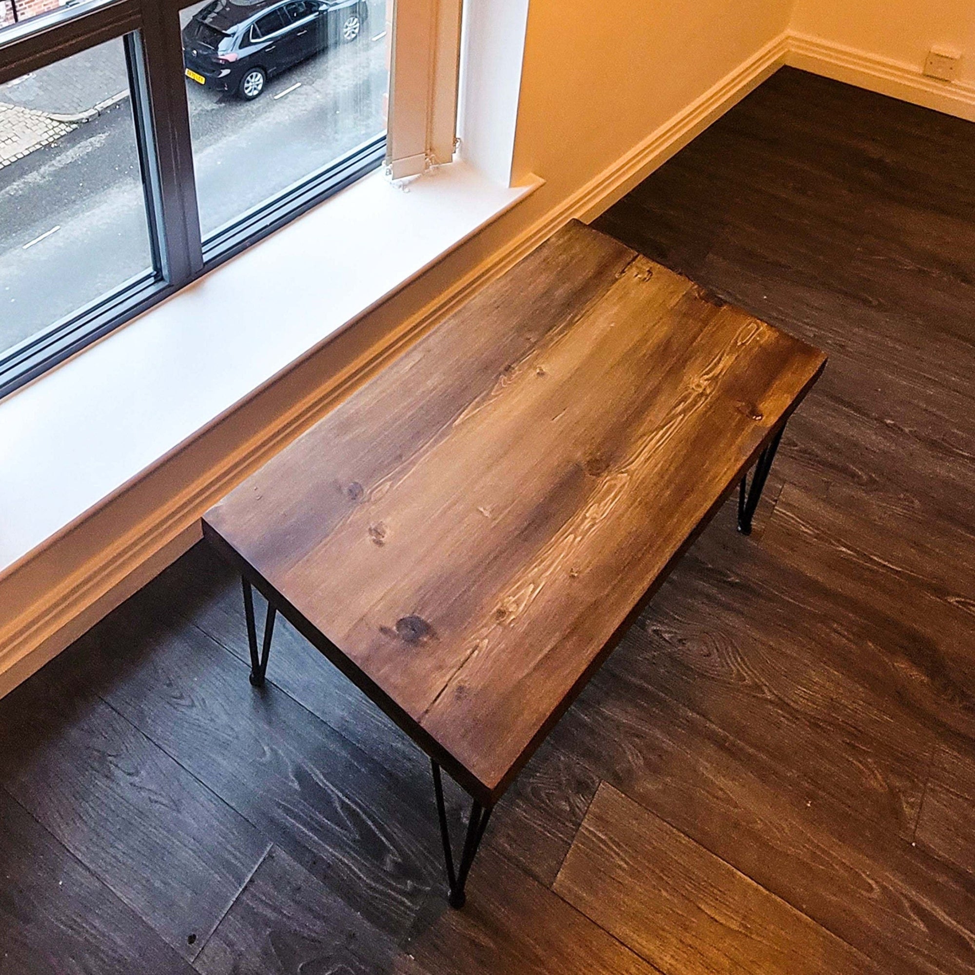 Solid Wood Coffee Table with Hairpin Legs | 100*56, 120*67 Size | Industrial Coffee Table | Rustic, Recycled, Reclaimed, Walnut Coloured